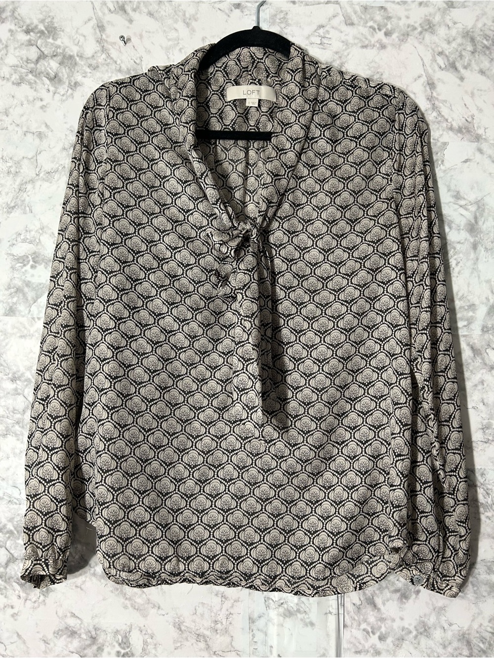 LOFT Taupe and Black Geometric Tie-Neck Blouse